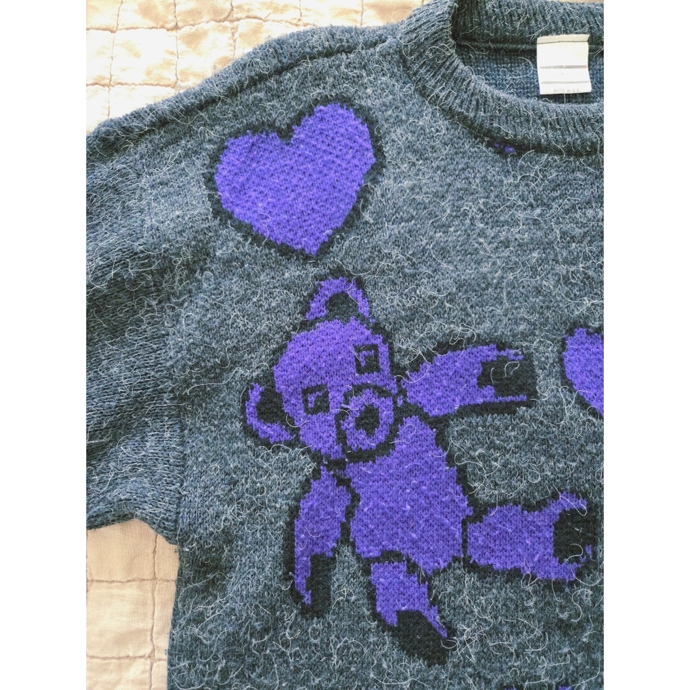 Vintage Teddy Bear 80s 90s Tunic Sweater Purple Violet Eclectic Size M